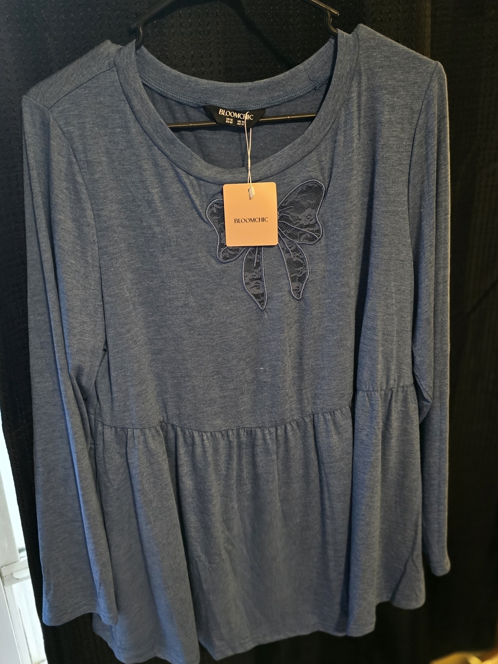 BloomChic Blue Long Sleeve Peplum Top with Bow Detail